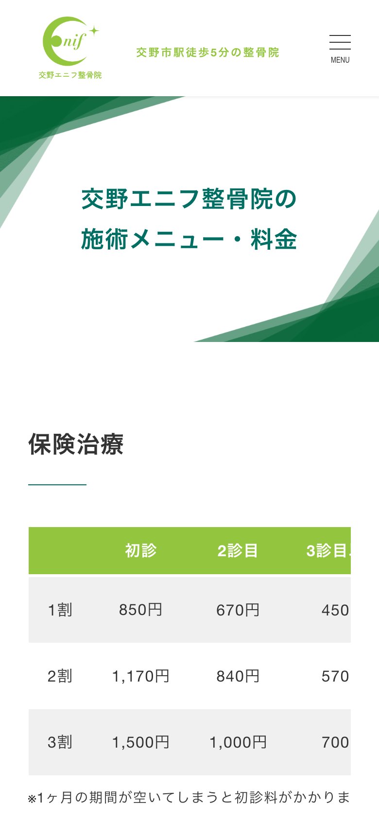 施術メニュー(スマートフォン表示)